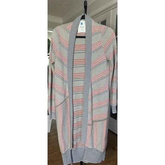 Anthropologie Sparrow Wool Blend Long Cardigan Sweater Gray Red Striped M - Picture 2 of 7